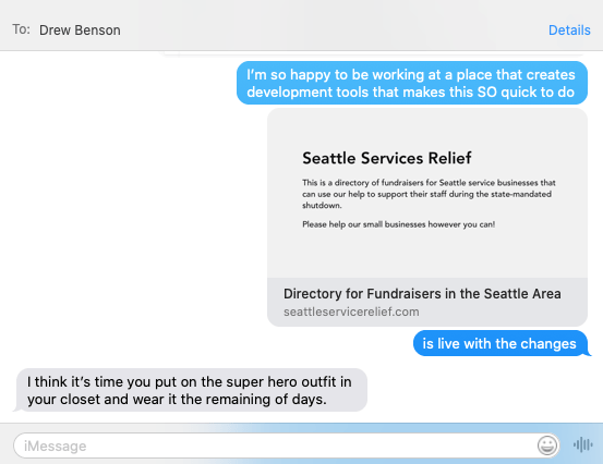 Text message conversation with Drew where I announced that seattleservicerelief.com was life